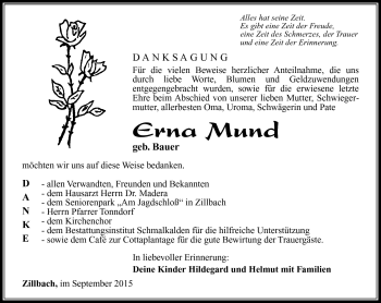 Traueranzeige von Erna Mund von Südthüringer Presse