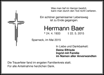 Traueranzeige von Hermann Baer von Frankenpost