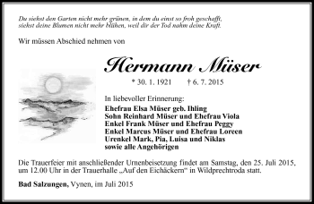 Traueranzeige von Hermann Müser von Südthüringer Presse