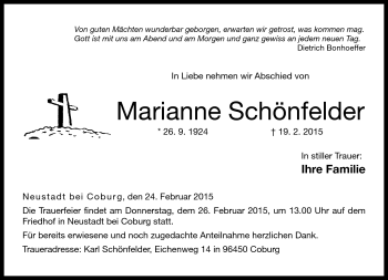 Traueranzeige von Marianne Schönfelder von Neue Presse Coburg
