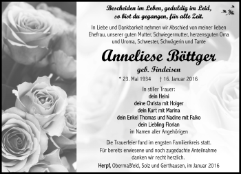 Traueranzeige von Anneliese Böttger von Südthüringer Presse