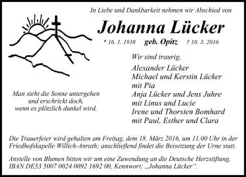 Traueranzeige von Johanna Lücker von Neue Presse Coburg