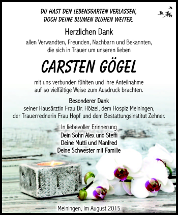 Traueranzeige von Carsten Gögel von Südthüringer Presse