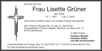 Traueranzeige von Lisette Grüner von Frankenpost