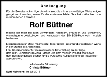 Traueranzeige von Rolf Büttner von Südthüringer Presse