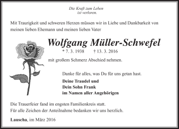Traueranzeige von Wolfgang Müller-Schwefel von Südthüringer Presse