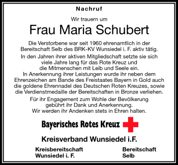 Traueranzeige von Maria Schubert von Frankenpost