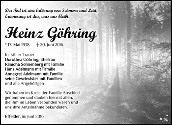 Traueranzeige von Heinz Göhring von Südthüringer Presse