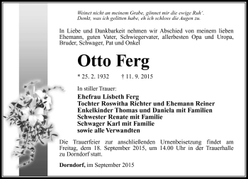 Traueranzeige von Otto Ferg von Südthüringer Presse