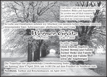 Traueranzeige von Werner Grätz von Südthüringer Presse