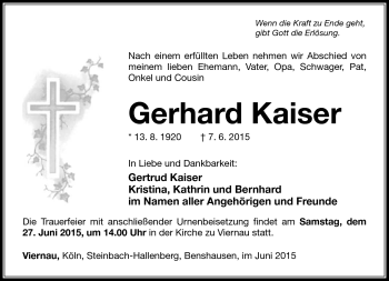 Traueranzeige von Gerhard Kaiser von Südthüringer Presse