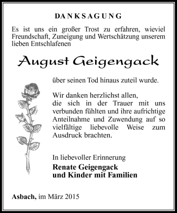 Traueranzeige von August Geigengack von Südthüringer Presse