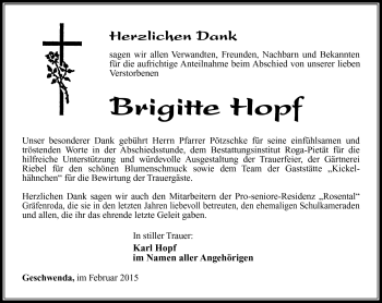 Traueranzeige von Brigitte Hopf von Südthüringer Presse