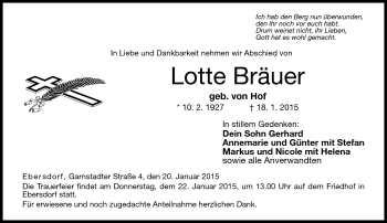 Traueranzeige von Lotte Bräuer von Neue Presse Coburg