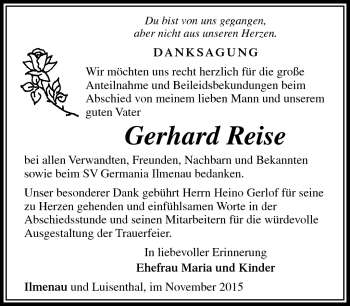 Traueranzeige von gerhard Reise von Südthüringer Presse