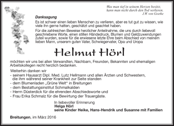 Traueranzeige von Helmut Hörl von Südthüringer Presse