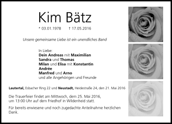 Traueranzeige von Kim Bätz von Neue Presse Coburg