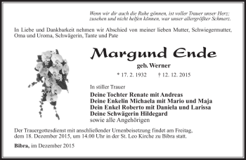 Traueranzeige von Margund Ende von Südthüringer Presse