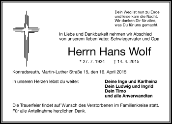 Traueranzeige von Hans Wolf von Frankenpost