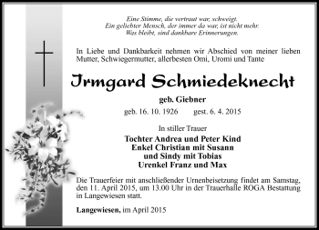 Traueranzeige von Irmgard Schmiedeknecht von Südthüringer Presse