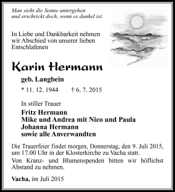 Traueranzeige von Karin Hermann von Südthüringer Presse