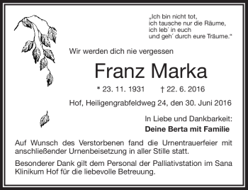 Traueranzeige von Franz Marka von Frankenpost
