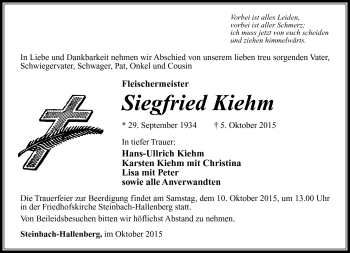 Traueranzeige von Siegfried Kiehm von Südthüringer Presse
