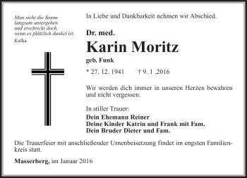 Traueranzeige von Karin Moritz von Südthüringer Presse