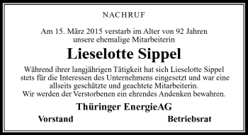 Traueranzeige von Lieselotte Sippel von Südthüringer Presse