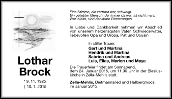 Traueranzeige von Lothar Brock von Südthüringer Presse