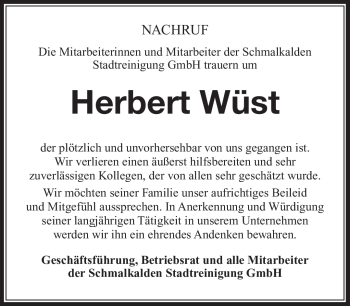 Traueranzeige von Herbert Wüst von Südthüringer Presse
