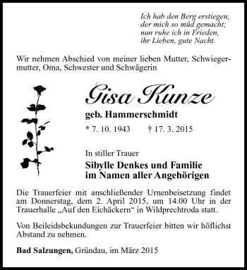 Traueranzeige von Gisa Kunze von Südthüringer Presse