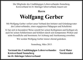 Traueranzeige von Wolfgang Gerber von Südthüringer Presse