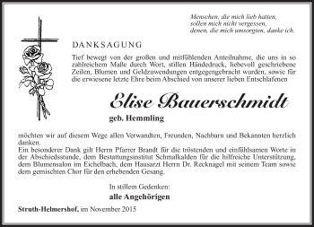 Traueranzeige von Elise Bauerschmidt von Südthüringer Presse