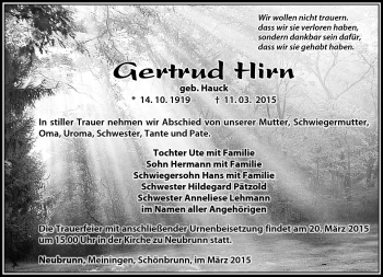 Traueranzeige von Gertrud Hirn von Südthüringer Presse
