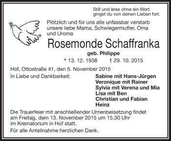 Traueranzeige von Rosemonde Schaffranka von Frankenpost