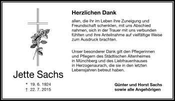 Traueranzeige von Jette Sachs von Frankenpost