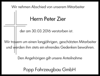 Traueranzeige von Peter Zier von Neue Presse Coburg