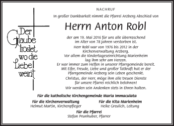 Traueranzeige von Anton Robl von Frankenpost