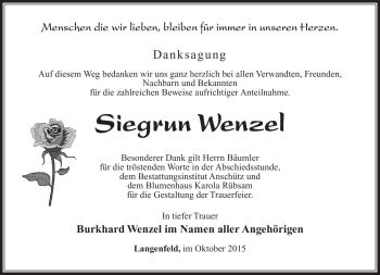 Traueranzeige von Siegrun Wenzel von Südthüringer Presse