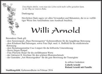 Traueranzeige von Willi Armold von Südthüringer Presse