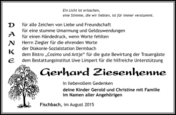 Traueranzeige von gerhard Ziesenhenne von Südthüringer Presse