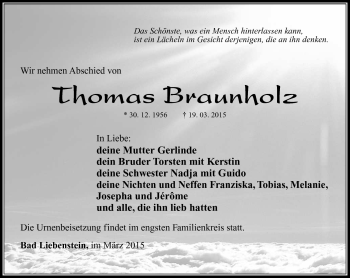 Traueranzeige von Thomas Braunholz von Südthüringer Presse