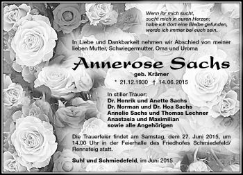 Traueranzeige von Annerose Sachs von Südthüringer Presse
