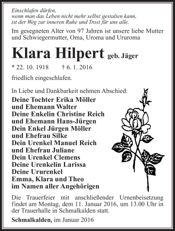 Traueranzeige von Klara Hilpert von Südthüringer Presse