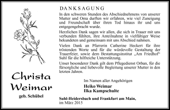 Traueranzeige von Christa Weimar von Südthüringer Presse