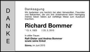 Traueranzeige von Richard Bommer von Südthüringer Presse