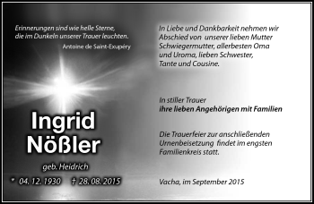 Traueranzeige von Ingrid Nößler von Südthüringer Presse