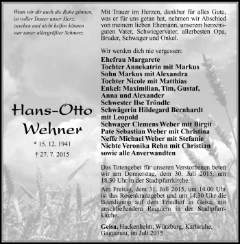 Traueranzeige von hans-Otto Wehner von Südthüringer Presse