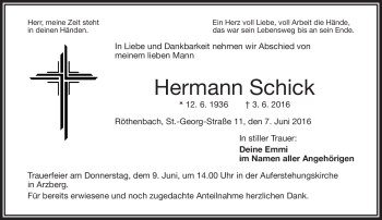 Traueranzeige von Hermann Schick von Frankenpost
